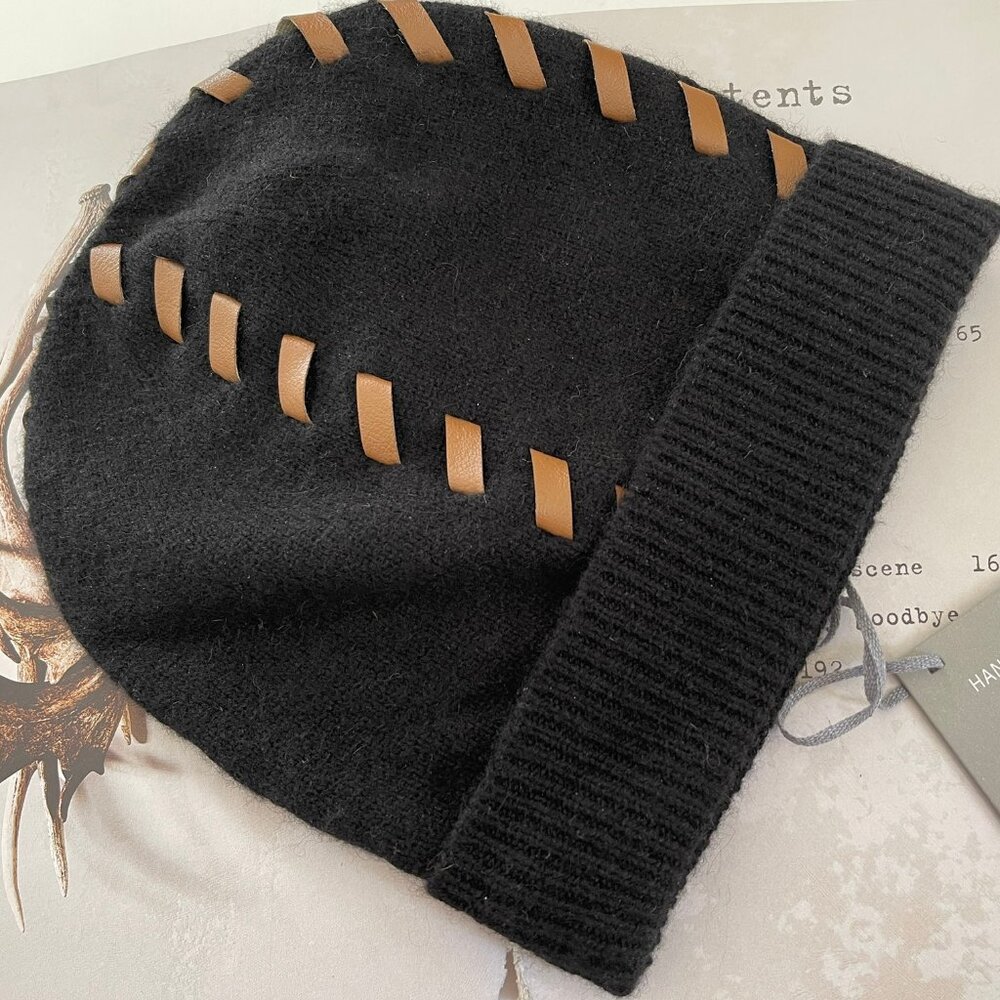 HANNAH ROSE Black Cashmere Whip Stitch Hat with Brown Faux Leather Detail: NWT!!
